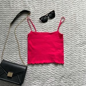 Red Spaghetti Strap Crop Top with Lettuce Edge